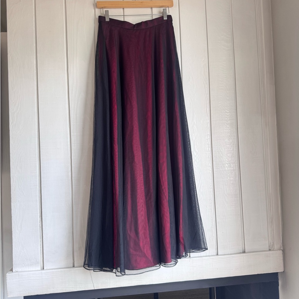 Adrianna Papell Vintage Dark Red Maxi Skirt with Black Tulle Overlay